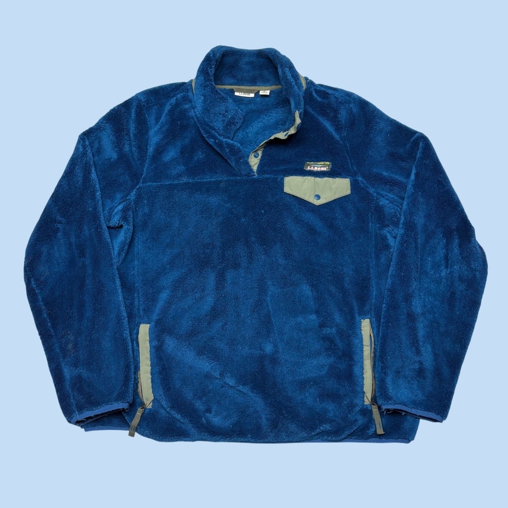 LL Bean Hi-Pile Fleece Pullover Blue Mens Large Snap Neck Pocket 1672